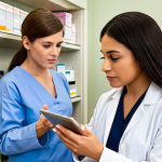 **

A community pharmacist counseling a patient about their medication. The pharmacist is using a tablet displaying a drug database with information on potential side effects and interactions. Focus on the interaction and the pharmacist's ability to spend quality time with the patient. The scene should convey trust and understanding. The pharmacy setting is clean and well-lit.

**