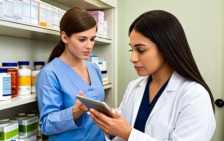 **
A community pharmacist counseling a patient about their medication. The pharmacist is using a tablet displaying a drug database with information on potential side effects and interactions. Focus on the interaction and the pharmacist's ability to spend quality time with the patient. The scene should convey trust and understanding. The pharmacy setting is clean and well-lit.
**