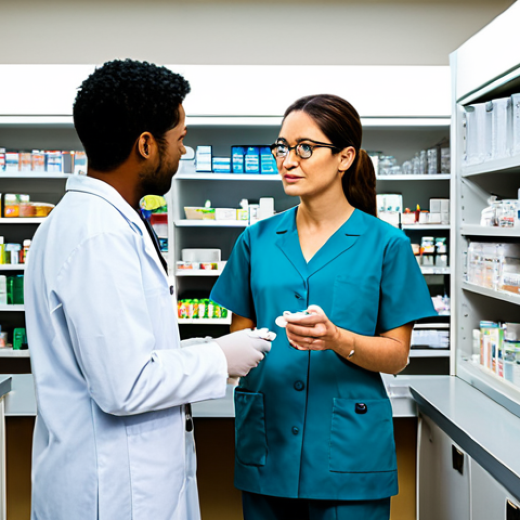 A diverse team of professional pharmacy staff, including a pharmacist and two technicians, stands in a modern, well-lit pharmacy. They are engaged in a brief, focused huddle, discussing daily priorities with open and transparent communication. Each team member is fully clothed in professional, modest attire, wearing clean lab coats or scrubs. The background features organized shelves of medication and a clean dispensing counter. The atmosphere is collaborative, efficient, and positive. The lighting is bright and even, casting natural shadows. safe for work, appropriate content, fully clothed, professional, perfect anatomy, correct proportions, natural pose, well-formed hands, proper finger count, natural body proportions, high-quality photograph, realistic.