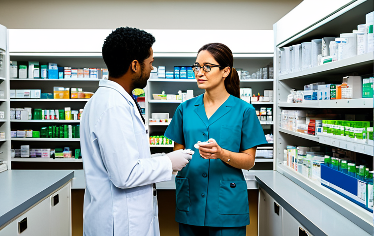 A diverse team of professional pharmacy staff, including a pharmacist and two technicians, stands in a modern, well-lit pharmacy. They are engaged in a brief, focused huddle, discussing daily priorities with open and transparent communication. Each team member is fully clothed in professional, modest attire, wearing clean lab coats or scrubs. The background features organized shelves of medication and a clean dispensing counter. The atmosphere is collaborative, efficient, and positive. The lighting is bright and even, casting natural shadows. safe for work, appropriate content, fully clothed, professional, perfect anatomy, correct proportions, natural pose, well-formed hands, proper finger count, natural body proportions, high-quality photograph, realistic.