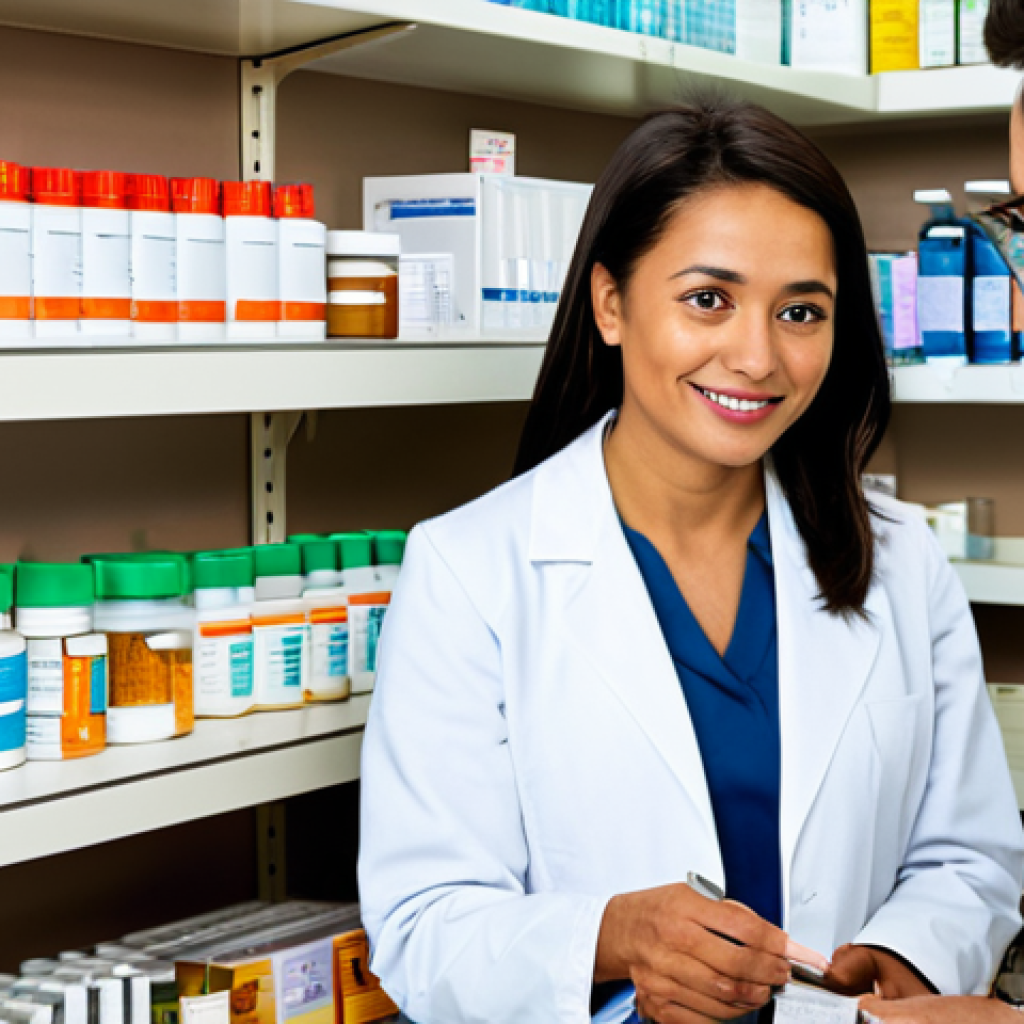 약사 의료산업 내 새로운 역할 - "A pharmacist in a white coat, counseling a patient at a pharmacy counter, fully clothed, appropriat...