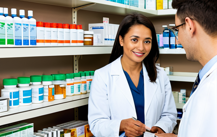 약사 의료산업 내 새로운 역할 - "A pharmacist in a white coat, counseling a patient at a pharmacy counter, fully clothed, appropriat...