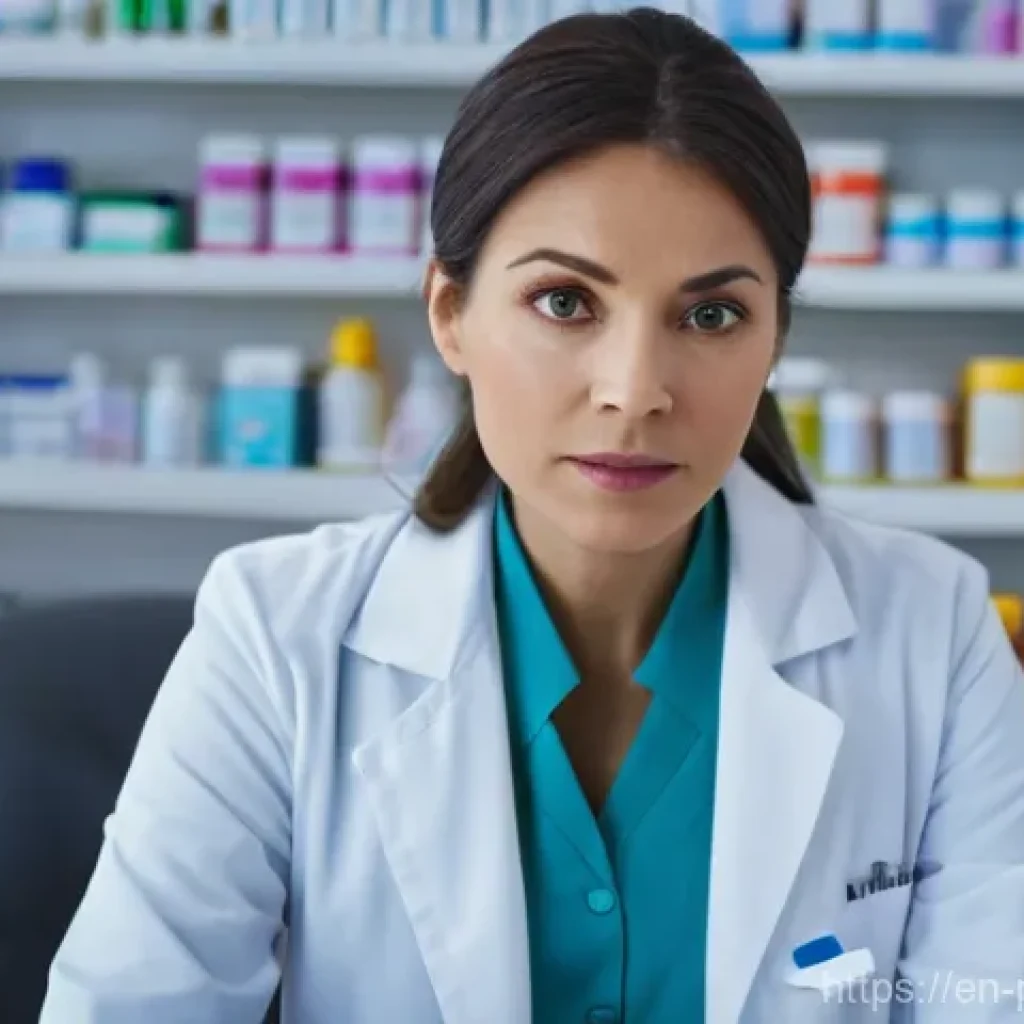 약사 약물 혼합 조제 유의점 - **Prompt:** "A highly detailed and realistic image of a female pharmacist, approximately 35-45 years...