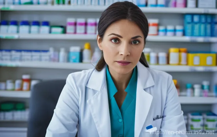 약사 약물 혼합 조제 유의점 - **Prompt:** "A highly detailed and realistic image of a female pharmacist, approximately 35-45 years...
