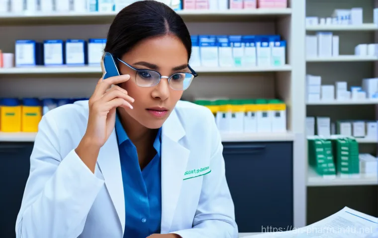약사 건강보험 관련 필수 지식 - **"A determined pharmacist, mid-30s, of diverse ethnicity, sits at a modern, clean desk in a well-li...