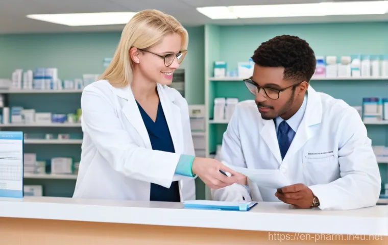 약사 건강보험 관련 필수 지식 - **"A determined pharmacist, mid-30s, of diverse ethnicity, sits at a modern, clean desk in a well-li...