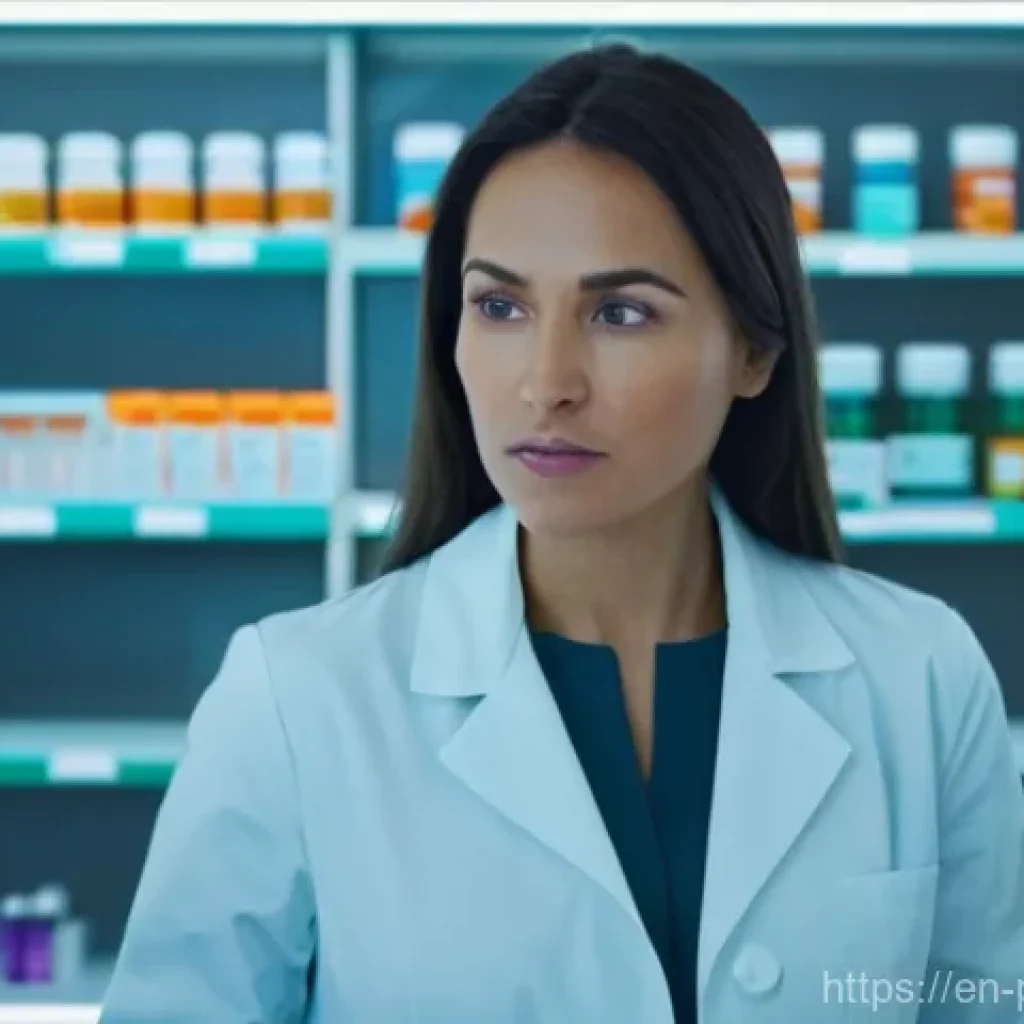 약사 약물 상호작용 데이터 분석 - **Prompt:** A focused, competent female pharmacist in her late 30s, wearing a crisp white lab coat, ...