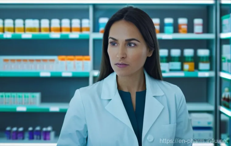 약사 약물 상호작용 데이터 분석 - **Prompt:** A focused, competent female pharmacist in her late 30s, wearing a crisp white lab coat, ...