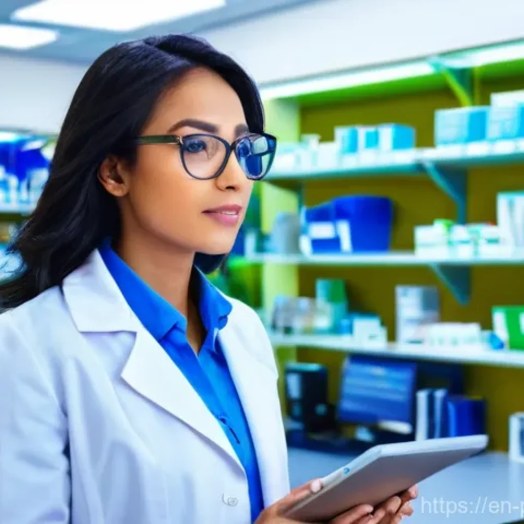 약사 이직 후 초반 적응기 - **Prompt:** A female pharmacist, in her early 30s, stands in a brightly lit, modern hospital pharmac...