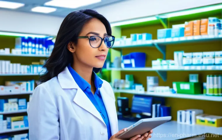 약사 이직 후 초반 적응기 - **Prompt:** A female pharmacist, in her early 30s, stands in a brightly lit, modern hospital pharmac...