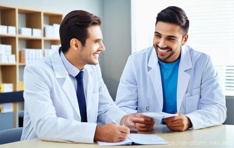 약사 이직 후 초반 적응기 - **Prompt:** A male pharmacist, in his late 30s, wearing a clean, white lab coat over a button-up shi...