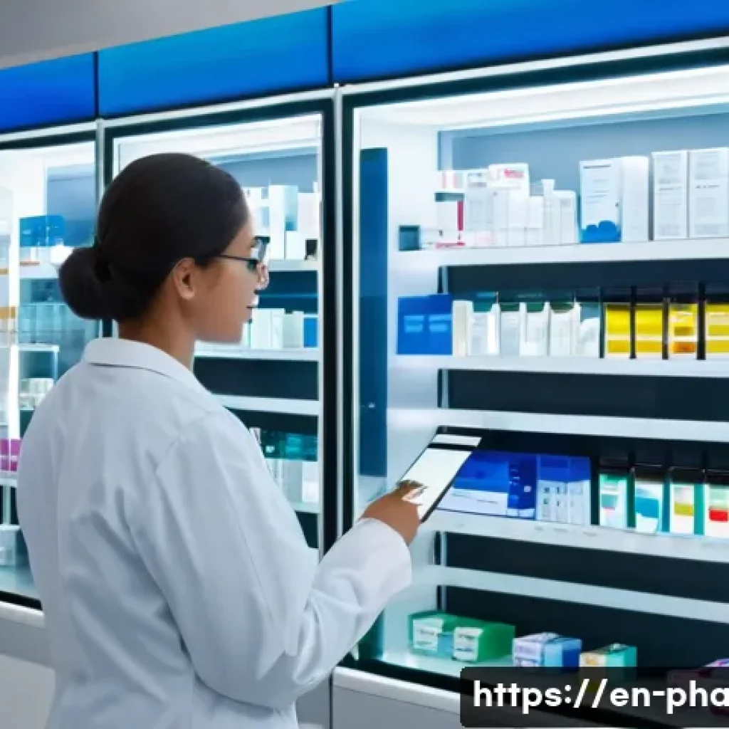 약사 약국 내 재고 관리 팁 - **A highly detailed, brightly lit modern pharmacy. In the foreground, a pharmacist in a clean white ...