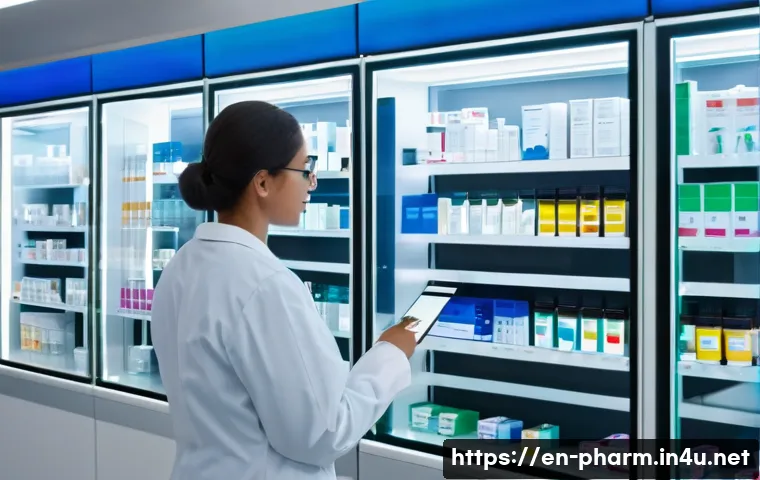 약사 약국 내 재고 관리 팁 - **A highly detailed, brightly lit modern pharmacy. In the foreground, a pharmacist in a clean white ...