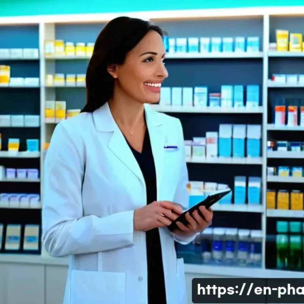 약사 재취업 성공 사례 - **Prompt:** A confident female pharmacist in her early 40s, wearing a crisp white lab coat over a pr...