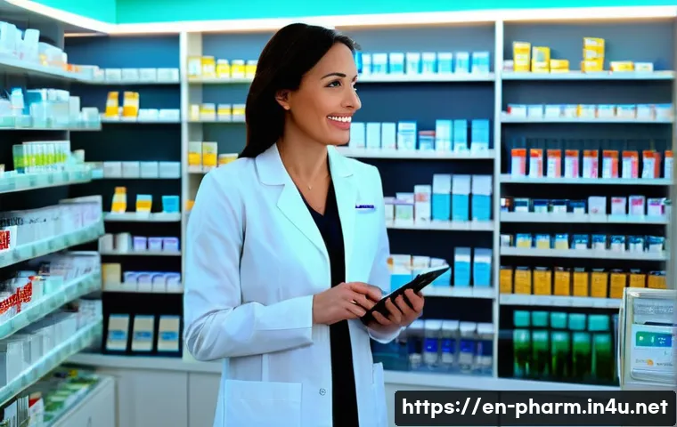 약사 재취업 성공 사례 - **Prompt:** A confident female pharmacist in her early 40s, wearing a crisp white lab coat over a pr...