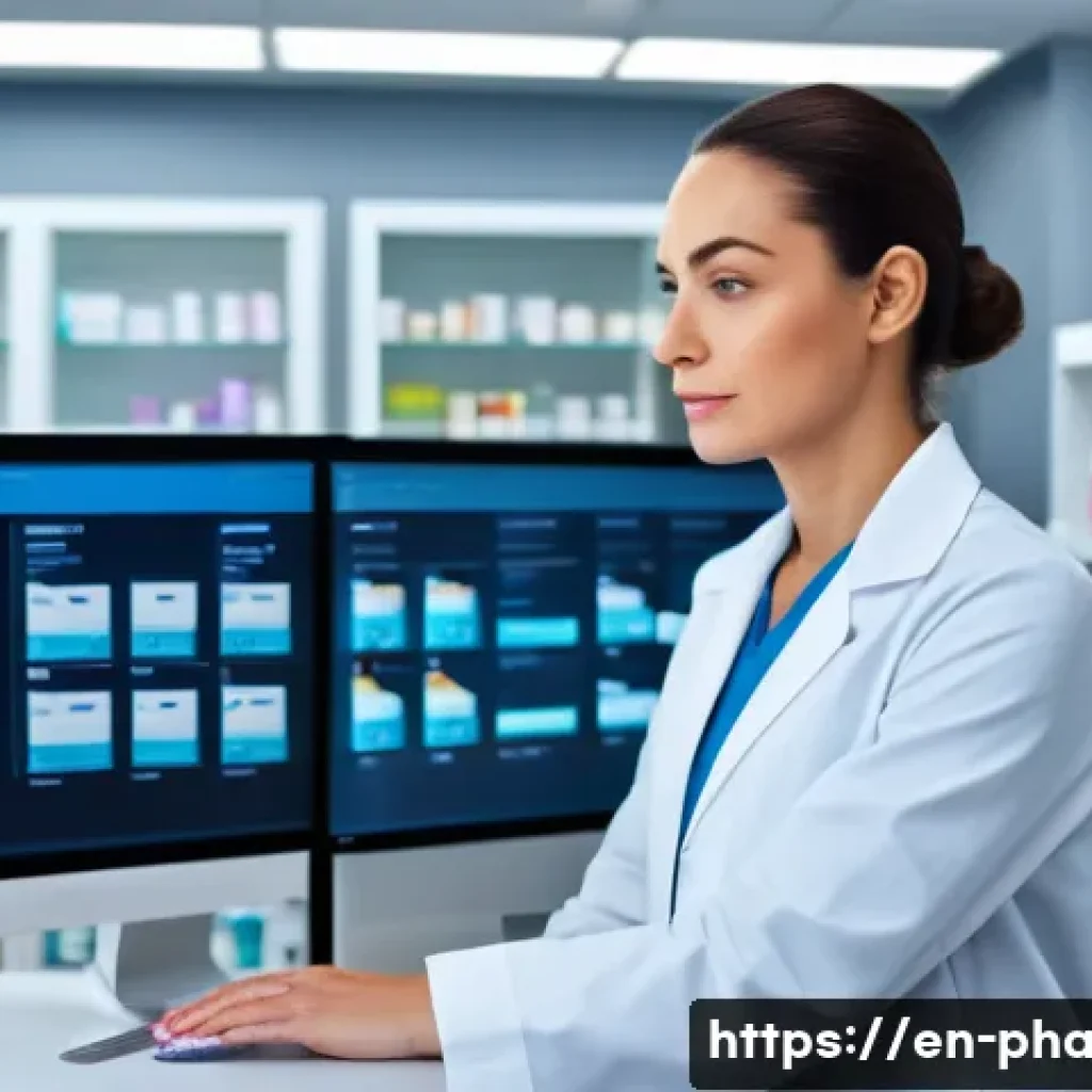 약사 직업 스트레스 해소 방법 - A focused female pharmacist, mid-30s, wearing professional scrubs and a lab coat over appropriate cl...