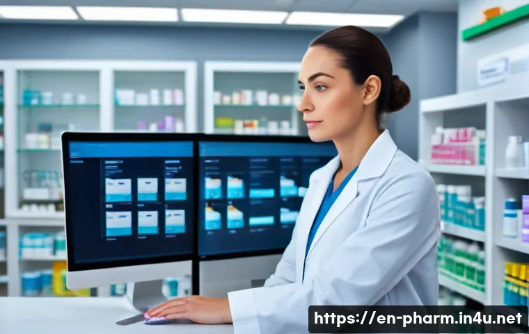 약사 직업 스트레스 해소 방법 - A focused female pharmacist, mid-30s, wearing professional scrubs and a lab coat over appropriate cl...