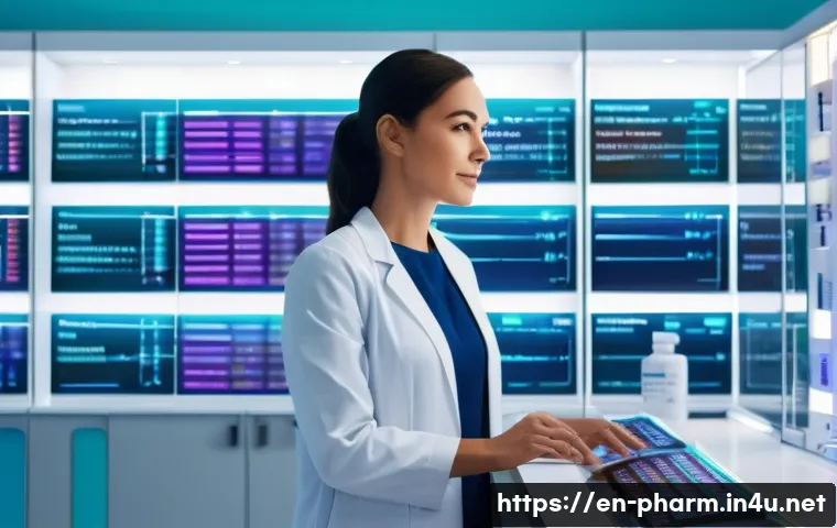 약사 약물 데이터 트렌드 분석 - **Prompt 1: The Data-Driven Pharmacist**
"A bright, modern pharmacy interior. A female pharmacis...