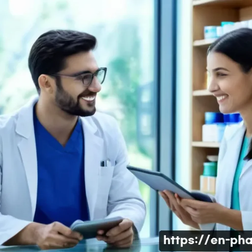 약사와 환자 간 소통 팁 - A modern pharmacy consultation scene featuring a friendly pharmacist and a patient seated across a s...