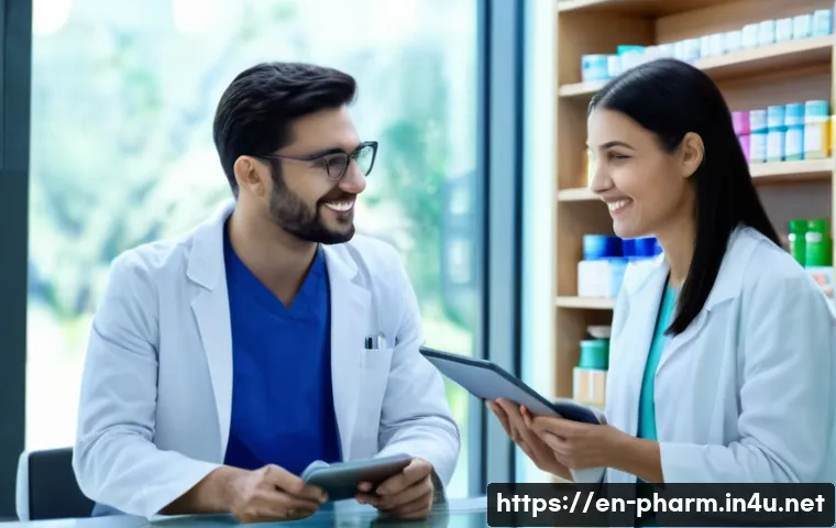 약사와 환자 간 소통 팁 - A modern pharmacy consultation scene featuring a friendly pharmacist and a patient seated across a s...