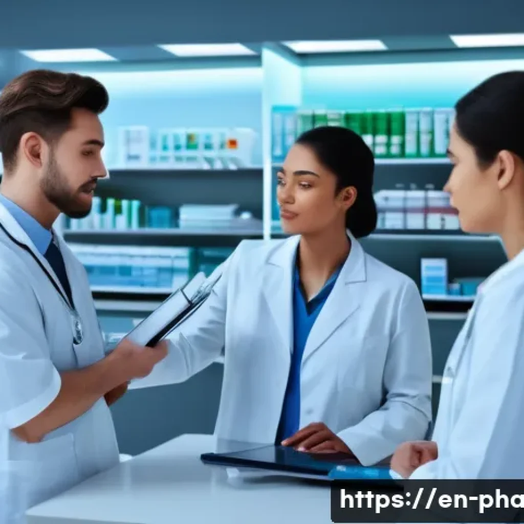 약사 복지 혜택의 종류 - A modern hospital pharmacy scene showing a diverse group of professional pharmacists in clean, well-...