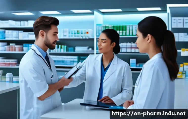 약사 복지 혜택의 종류 - A modern hospital pharmacy scene showing a diverse group of professional pharmacists in clean, well-...