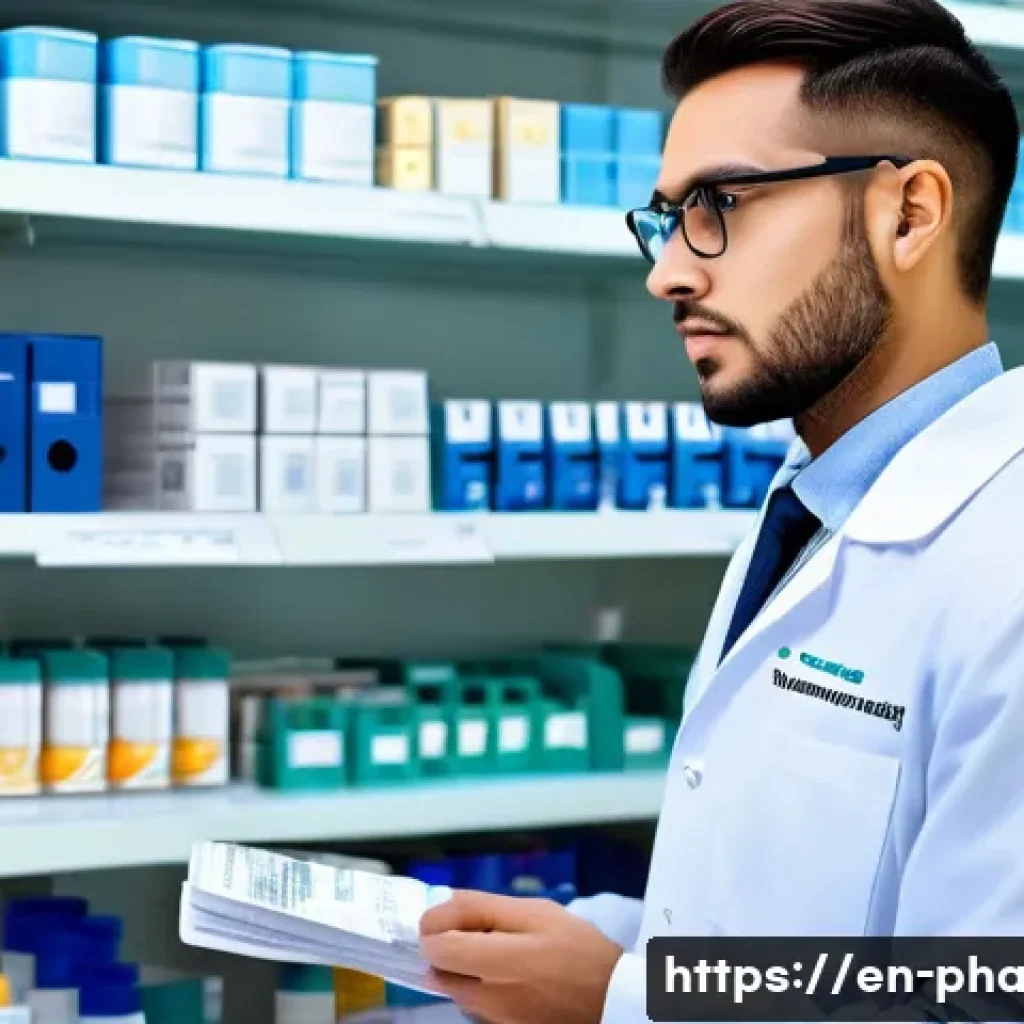 약사 처방전 확인 실무 사례 - A busy modern pharmacy interior with a professional pharmacist wearing a white lab coat and eyeglass...