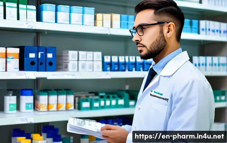 약사 처방전 확인 실무 사례 - A busy modern pharmacy interior with a professional pharmacist wearing a white lab coat and eyeglass...