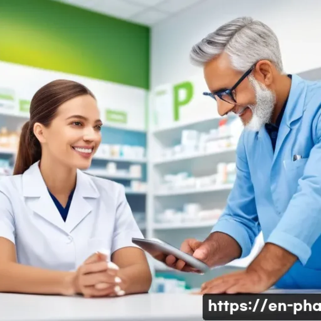 약사 약국 매출 증대 노하우 - A warm, inviting modern pharmacy interior featuring a pharmacist and a middle-aged female customer e...