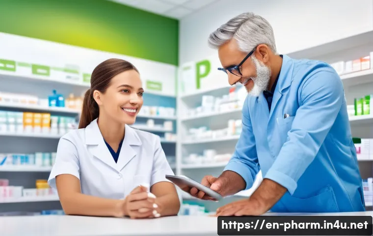 약사 약국 매출 증대 노하우 - A warm, inviting modern pharmacy interior featuring a pharmacist and a middle-aged female customer e...