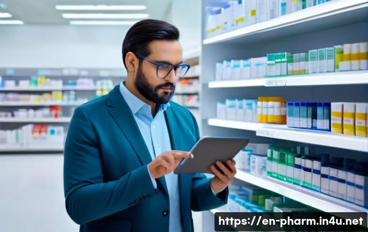 약사 약물 처방 시 주의사항 - A professional pharmacist in a modern pharmacy setting carefully reviewing a middle-aged patient’s d...