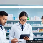 Home 22 약사 국가고시 면제 가능한 경우 - A professional setting showing a diverse group of pharmacists in a modern pharmacy office, reviewing...