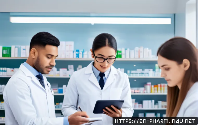 약사 국가고시 면제 가능한 경우 - A professional setting showing a diverse group of pharmacists in a modern pharmacy office, reviewing...