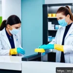 Home 21 약사 약국 청소와 위생 관리 팁 - A modern pharmacy interior focusing on a clean, well-organized prescription drop-off counter with st...