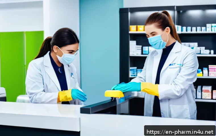 약사 약국 청소와 위생 관리 팁 - A modern pharmacy interior focusing on a clean, well-organized prescription drop-off counter with st...
