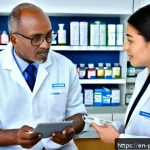 Home 19 약사들이 알아야 할 최신 약물 리스트 - A modern community pharmacy setting with a professional pharmacist counseling a diverse adult patien...