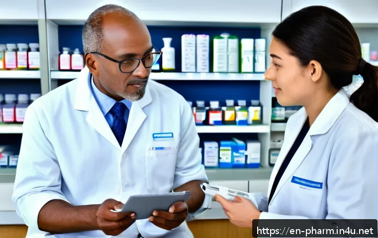 약사들이 알아야 할 최신 약물 리스트 - A modern community pharmacy setting with a professional pharmacist counseling a diverse adult patien...