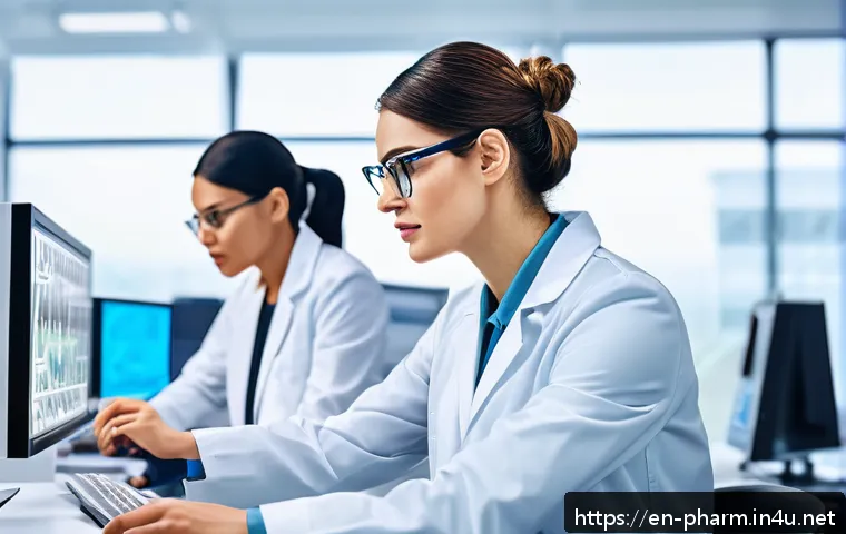 약사 약물 연구에서의 데이터 품질 - A modern pharmaceutical laboratory setting with diverse professionals collaborating around advanced ...