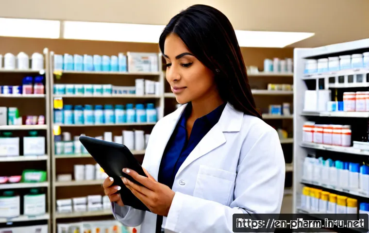 Home 17 약사 약물 정책 변화와 대응 방안 - Photorealistic community pharmacist in a clean modern American pharmacy consultation area, reviewing...